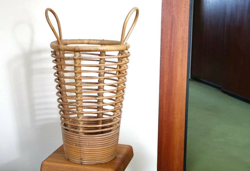 French Vintage Bamboo Rattan Umbrella Stand Holder, 1950s / France Boho Chic Bohemian Folk Cottage Country Wood