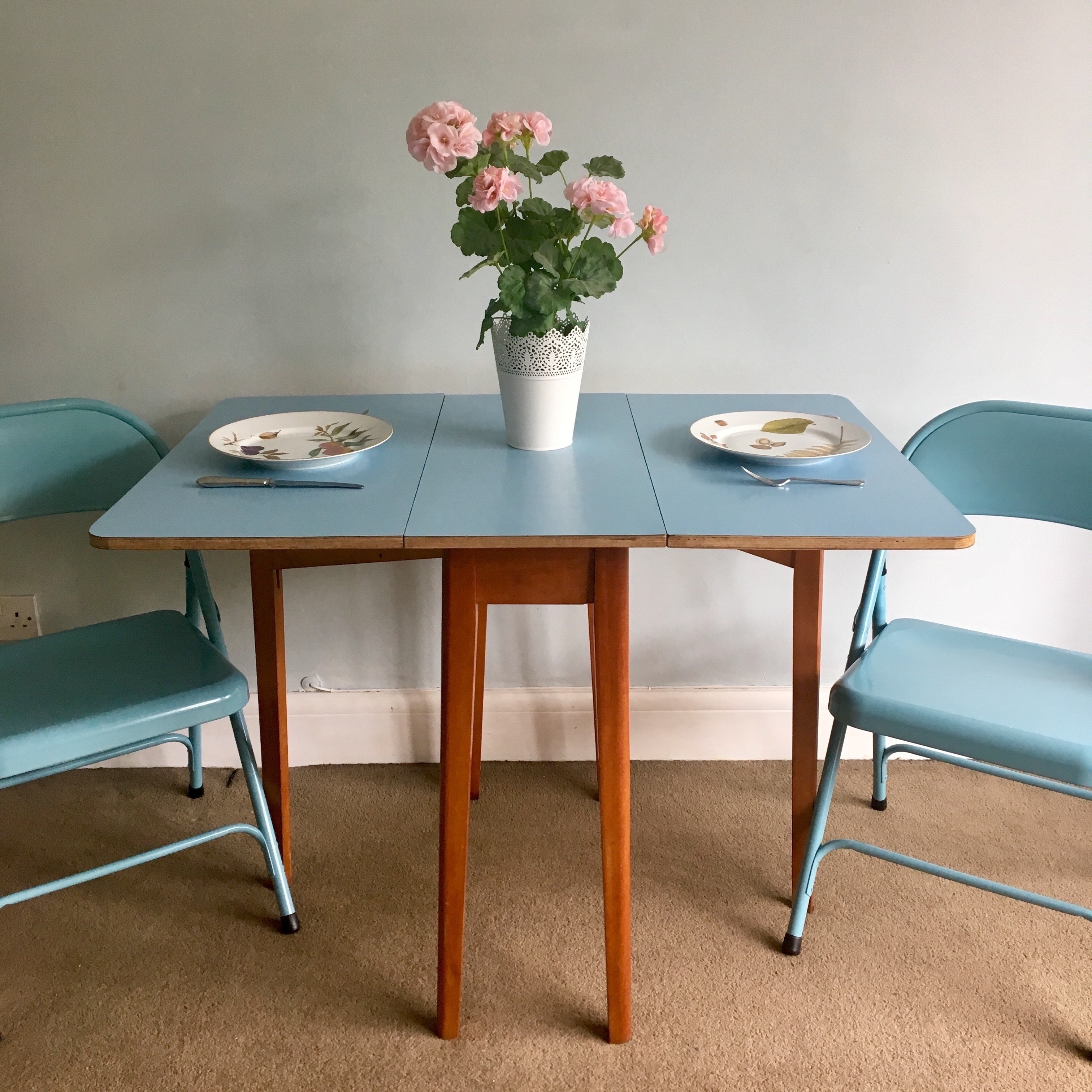 Original 1960 S Blue Formica Drop Leaf Dining Table With Wooden Legs Vintage Retro Mid Century Kitchen Table Vinterior