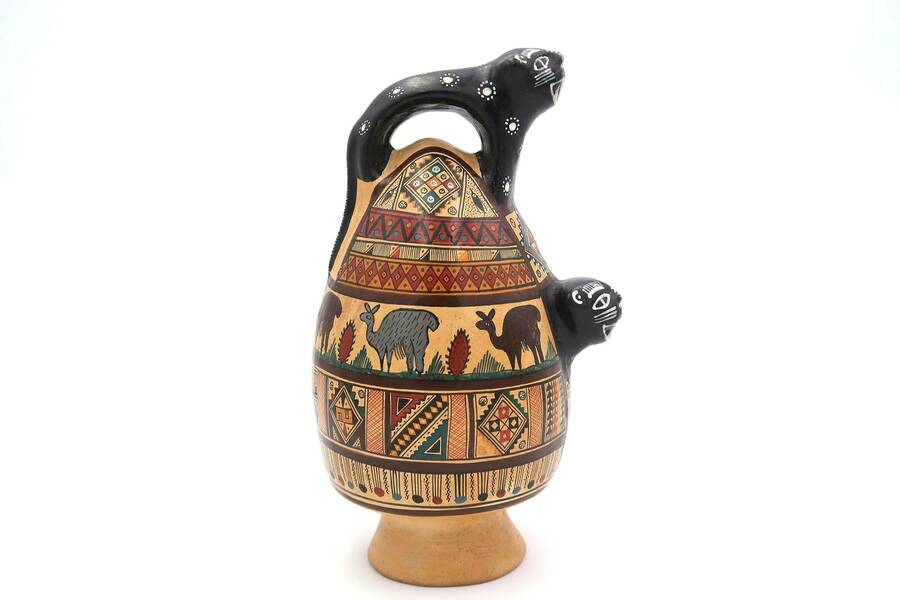 Peruvian Terracotta Jar, Pottery From Cusco, Peru, 1980s / Pitcher, Vase, Hand Painted, Felines Handles, Boho Chic, Bohemian