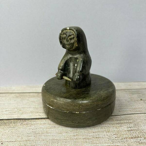 Vintage Carved Green Stone Trinket Box With Inuit Style Hunter Figure