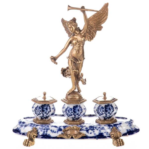 Angel Themed Porcelain And Bronze Desk Set | Vinterior