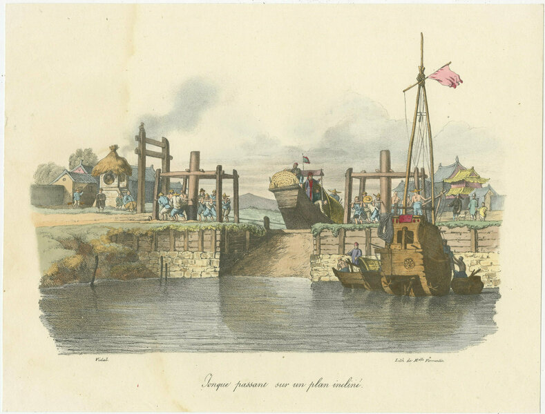 Antique Print Of A Chinese Junk On A Slope
