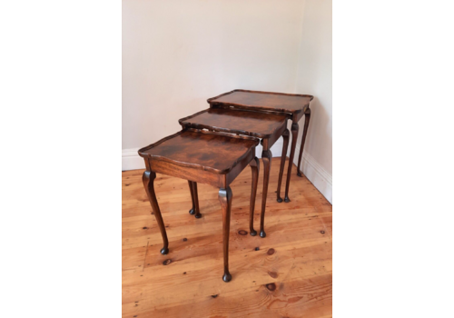 Antique French Style Mahogany Nest Of Three Tables With Queen Anne Legs.