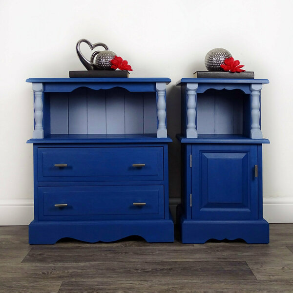 Set Of Pine Bedside Side Tables In Blue Vinterior