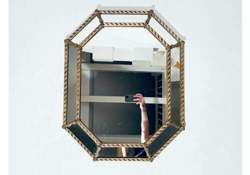 Large Octagonal Brass Framestatement Wall Mirror / Vintage Venetian Decor / Hollywood Regency