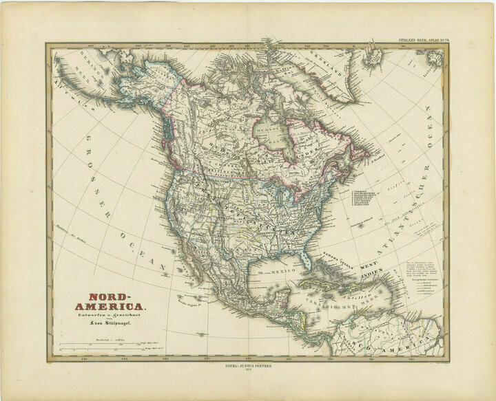 Antique Map With Hand Coloring Of North America And The West Indies ...