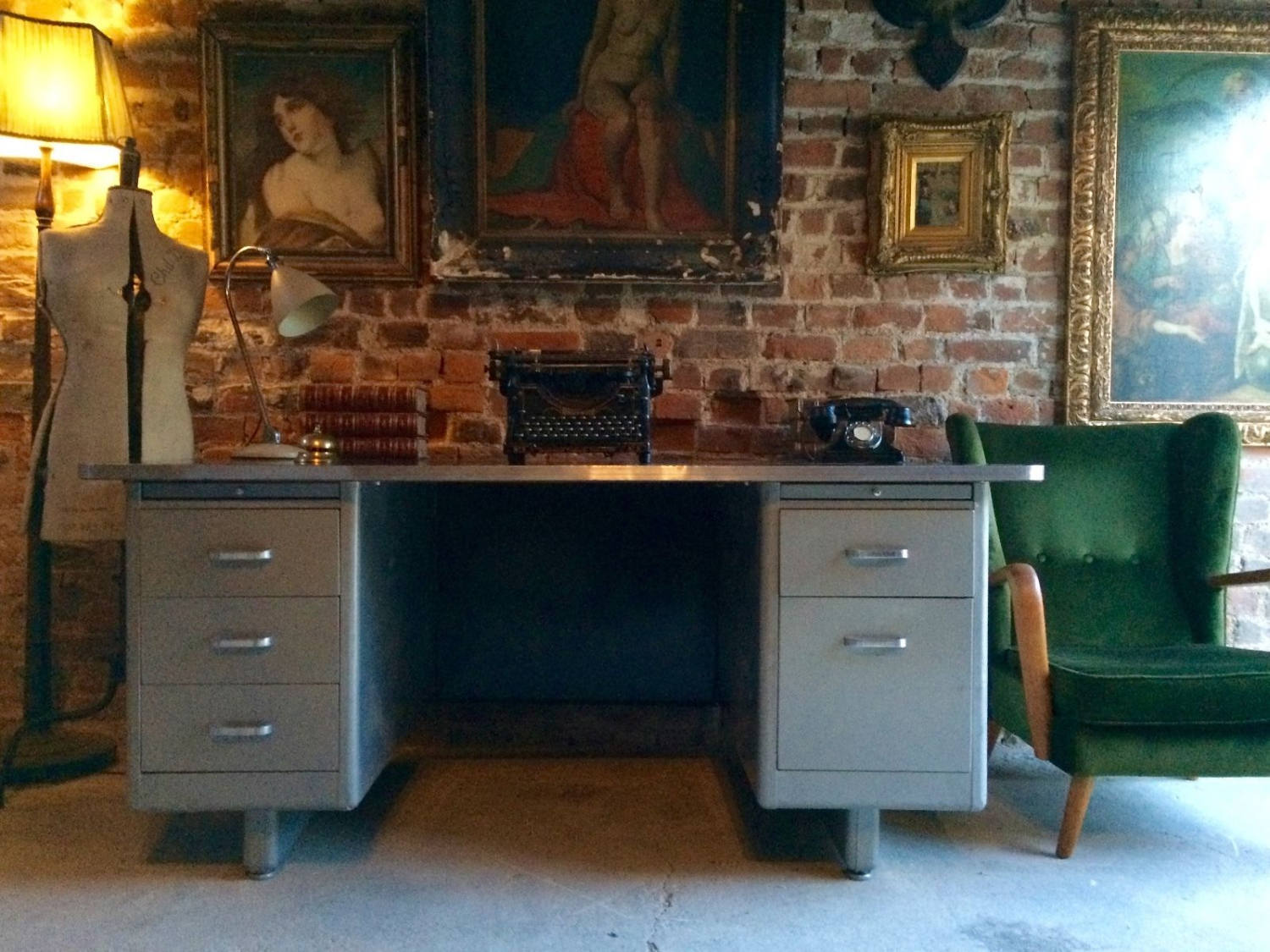 Industrial Tanker Desk Twin Pedestal Steel Mid Century Vintage Silver Vinterior