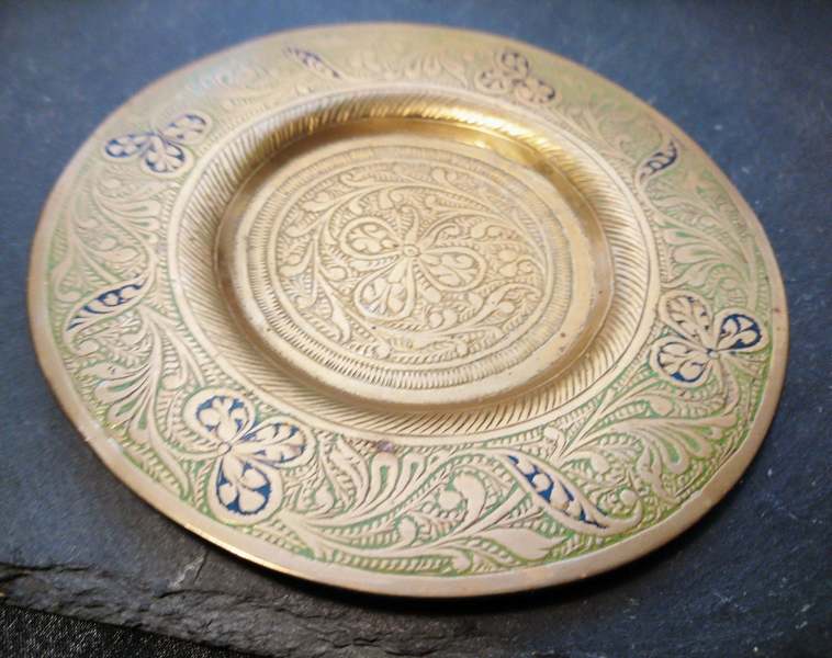 Vintage Indian Brass Plate, Hand Engraved, 1920's, Boho Decor Vinterior