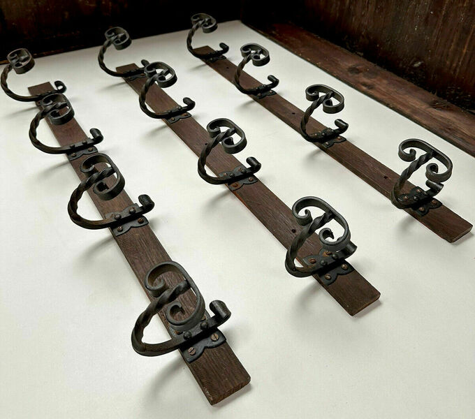 Vintage French Wrought Iron Mounted Coat Hooks X3 Vinterior