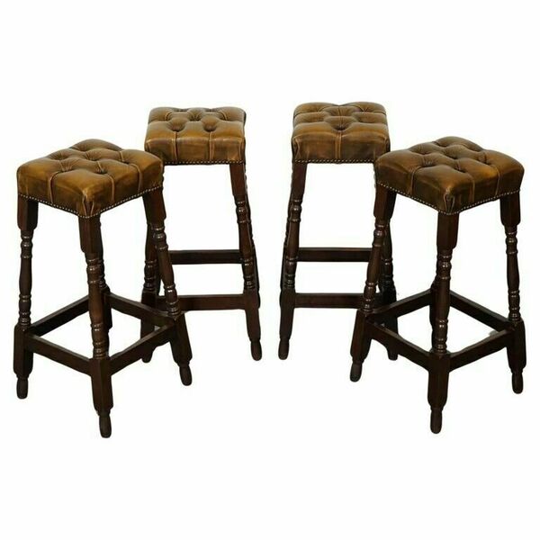 Set Of Four Brown Leather Chesterfield Bar Stools J1 Vinterior