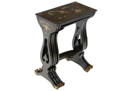 Antique Fine Quality Chinoiserie Decorated Black Lacquer Nest Of 4 19th Century Tables