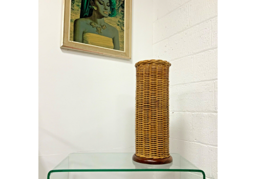 Wicker And Teak Umbrella / Walking Stick Stand Mid Century
