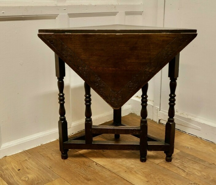 Carved Oak Triangular Gate Leg Side Table