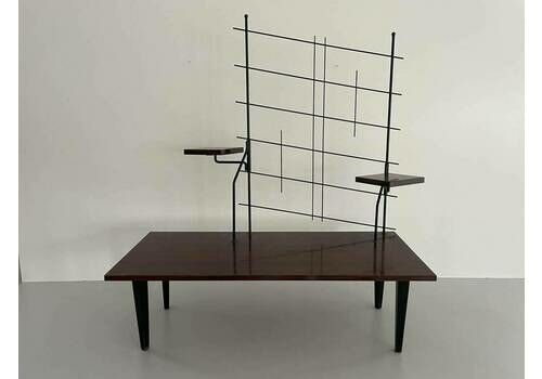 Mid Century Design Wood And Black Metal Geometric Backside Plant Stand, 1950s, France