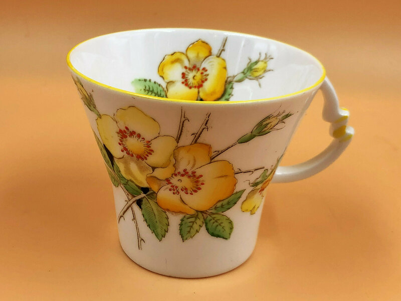 Royal Albert Crown China Art Deco Shape Wild Rose Yellow Trim