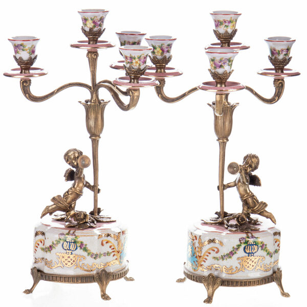 Bronze And Porcelain Candle Holders Set/2 Vinterior