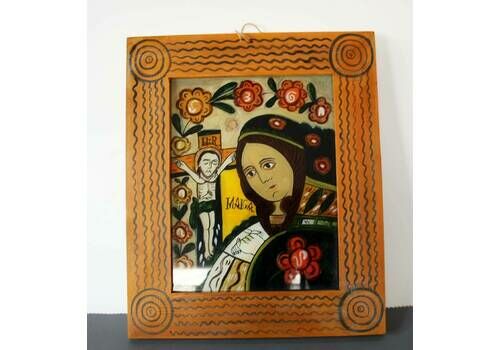 21st Century Icon On Glass Painting Hand Painted Wood Frame  Backglass Painting  Mourning Mother Of God Religious Plaque Romania