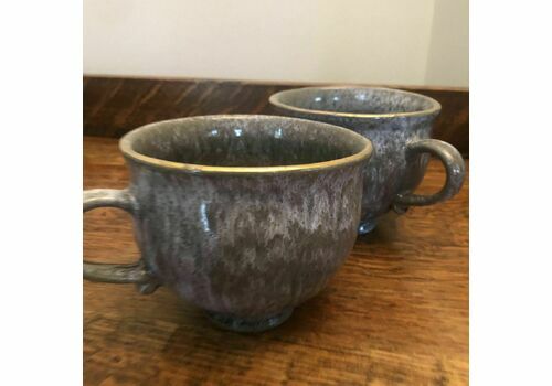 Vintage Pair Of Gray And Willow Oversized Stoneware Mugs With Gilt Rim