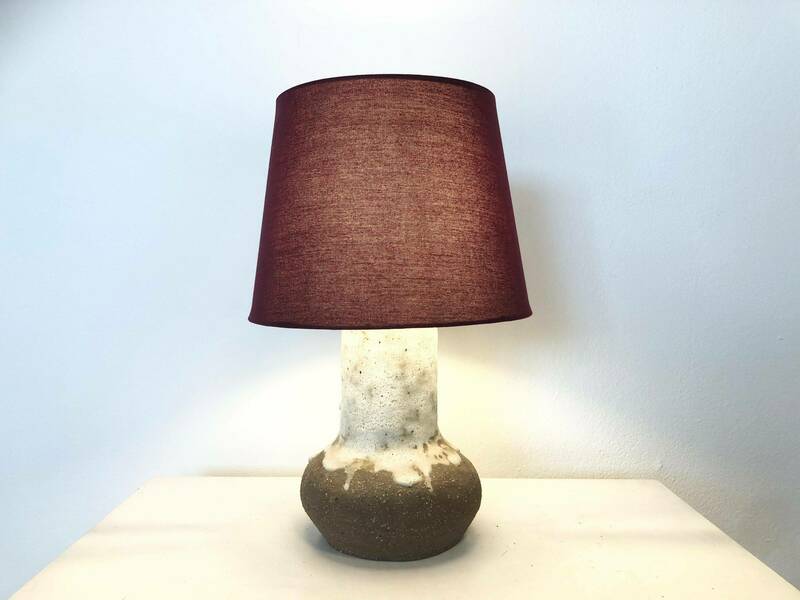 Danish Chunky Vintage Design Ceramic Table Lamp In Organic Shape With White Glaze On Raw Clay And Beautiful Purple Drum Shade