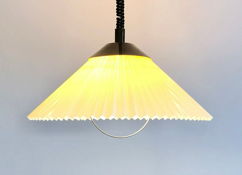 Danish Vintage Minimalist Ceiling Lamp With Beige Pleated Plastic Shade And Brown Metal Top And Hanger   Design By Lyskær Belysning