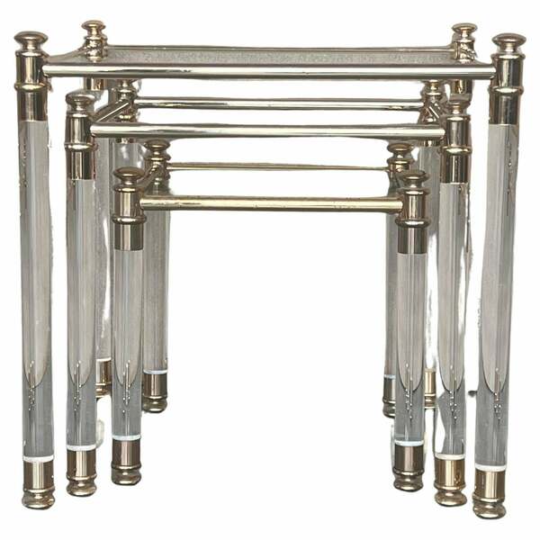 Set Of Three Vintage Lucite An Brass Nesting Tables With Glass Top
