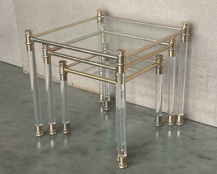 Set Of Three Vintage Lucite An Brass Nesting Tables With Glass Top photo for sale