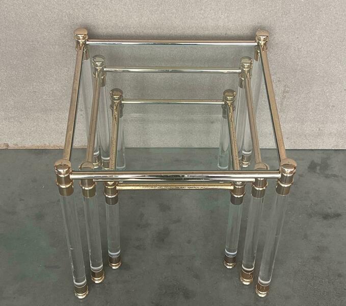 Set Of Three Vintage Lucite An Brass Nesting Tables With Glass Top photo Furniture