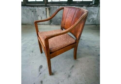 Art Deco Vintage English Oak Arm Chair / Office Chair With Leather Studded Back.