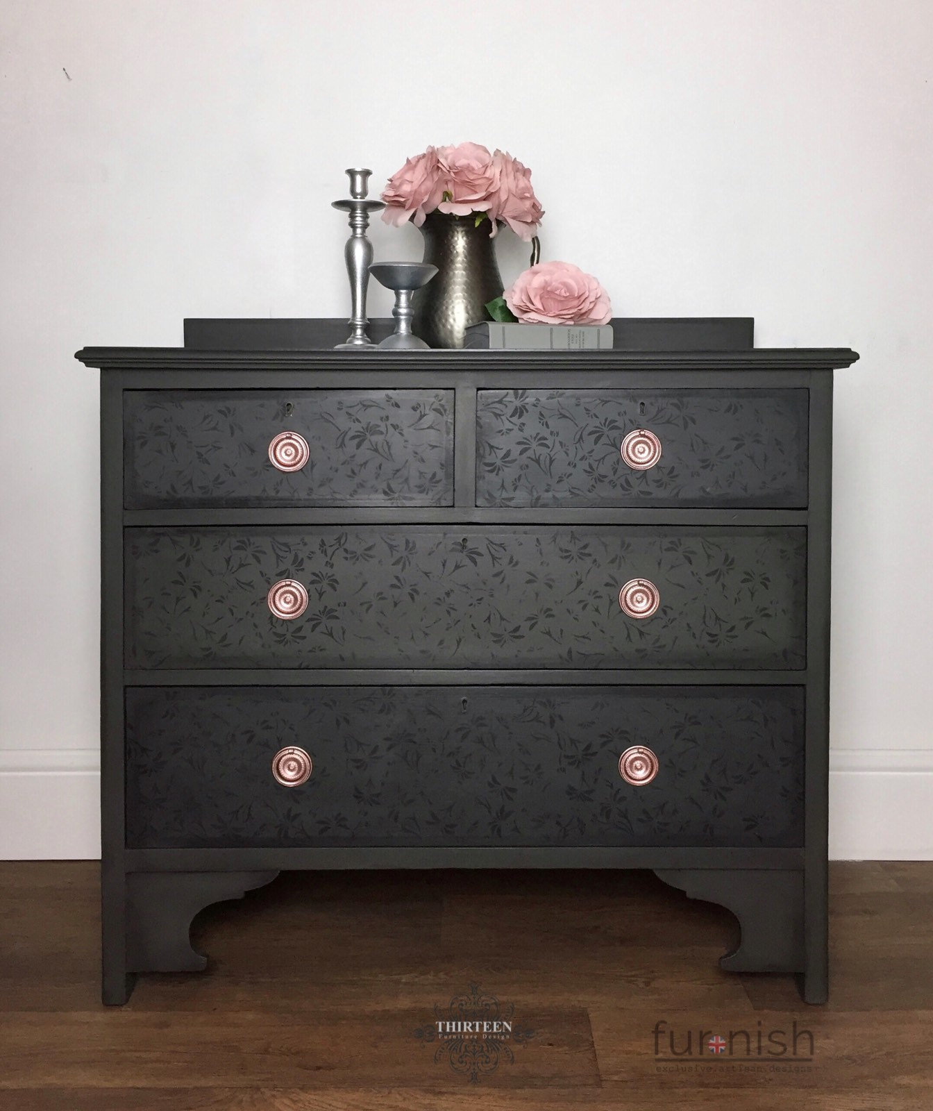 Dark Grey Chest Of Drawers With Black Stencilling Detail And Rose