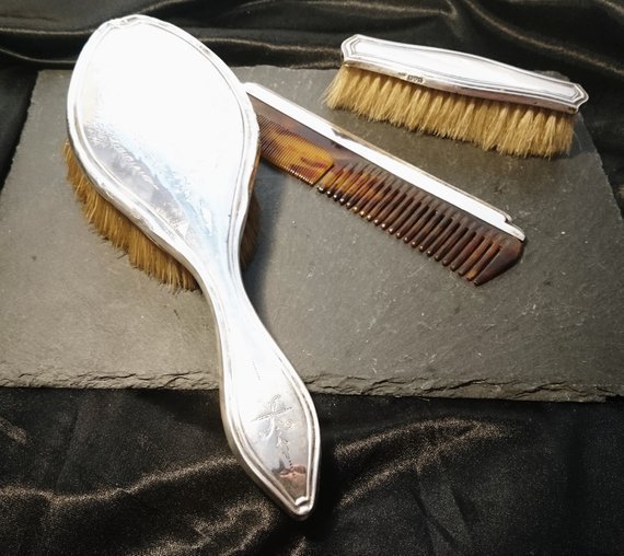 Vintage Sterling Silver Vanity Set Faux Tortoiseshell Silver Hairbrush Brush Set Dressing Table