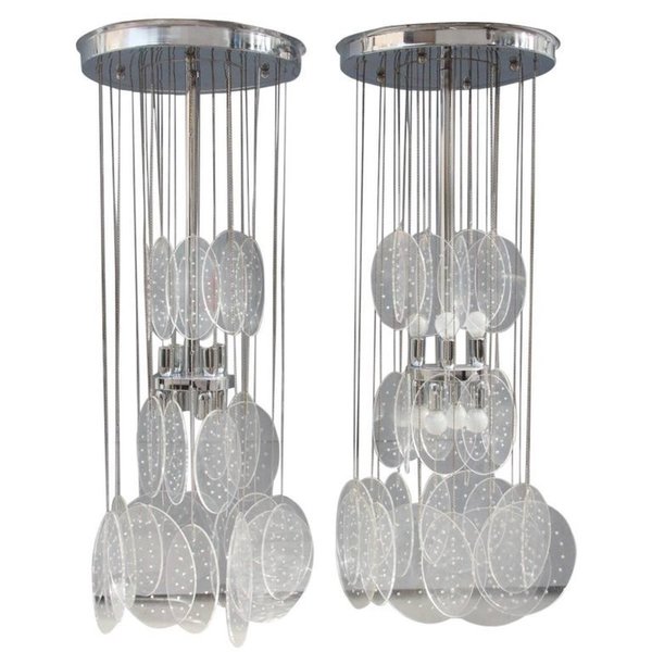 Pair Of Chandeliers Plexiglass And Metal Chrome Italian Design 1970 Pop Art