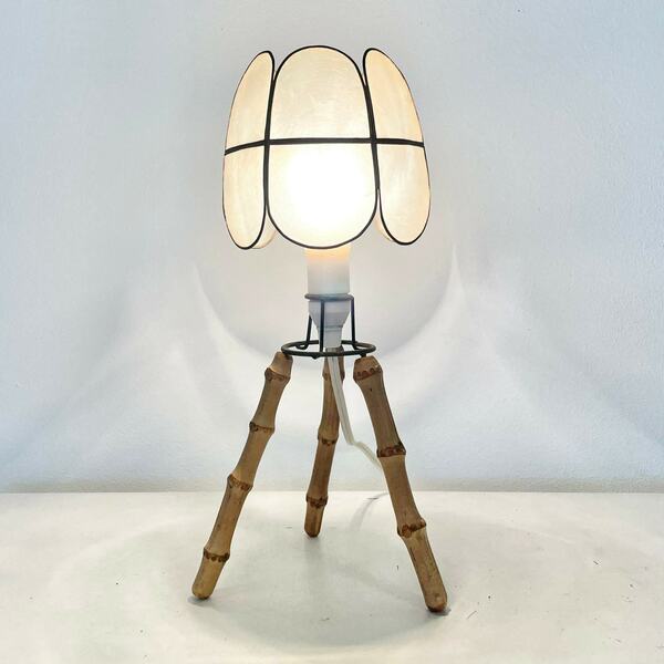 Vintage Danish Bamboo Wood Mid Century Tripod Table Lamp With Modernist Design Base And Seashell Shade