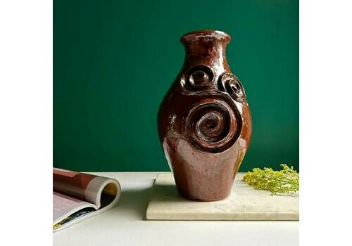 Large Vintage Studio Pottery Vase | Heavy Terracotta Planter Vase W/ Brown Glaze | Vintage Home Decor