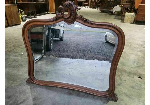 Antique Large Curved Carved Floral Oak Over Mantle Wall Hanging Mirror Bevelled