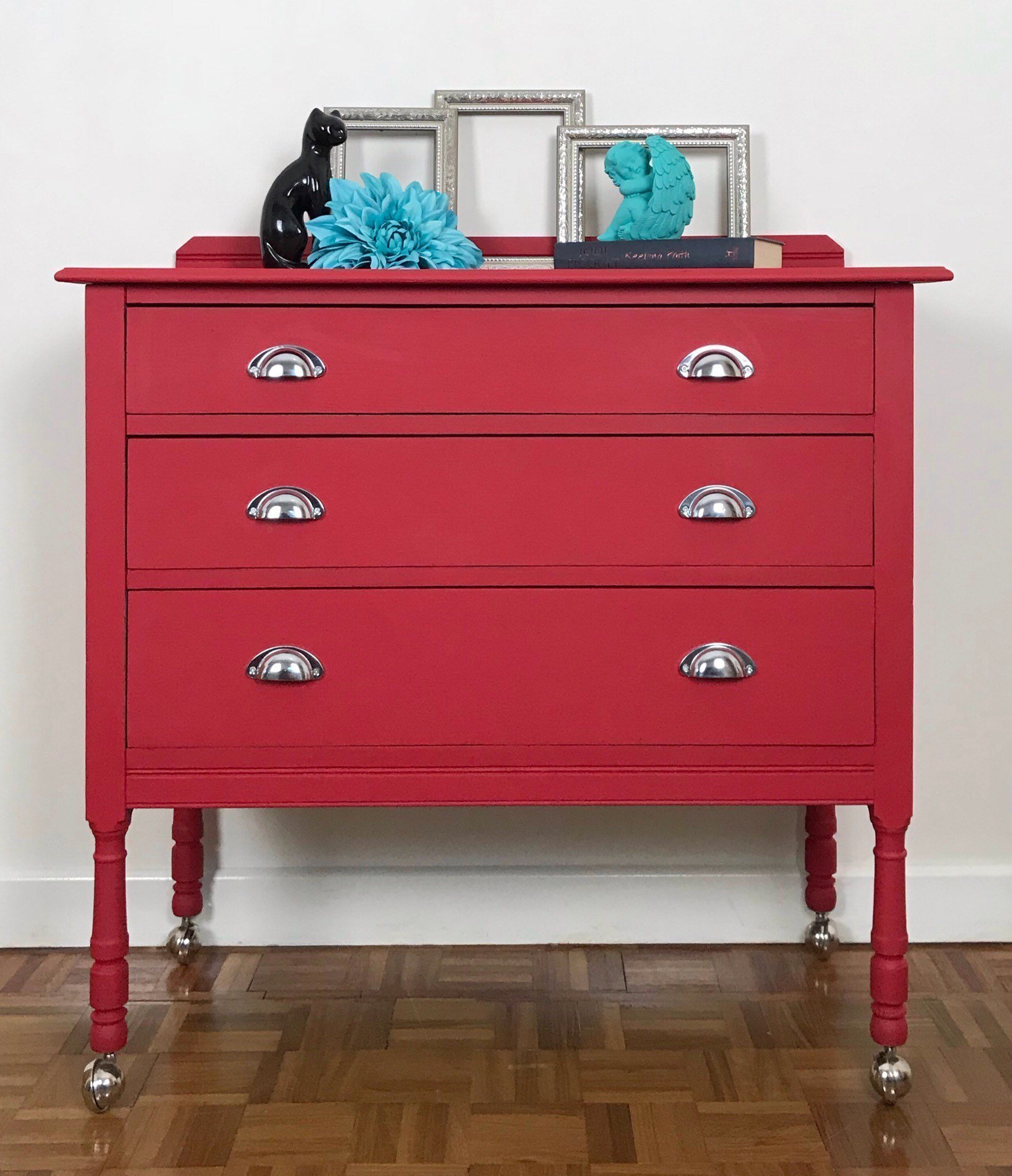 Three Drawer Red And Black Vintage Chest Of Drawers Hand Painted