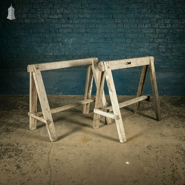 Vintage Wooden Trestles, Pair Of Rustic Workshop Trestles
