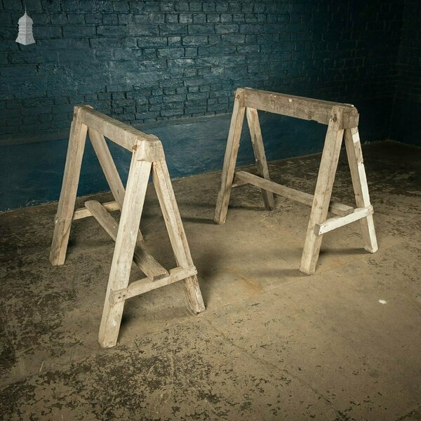 Vintage Wooden Trestles, Pair Of Rustic Workshop Trestles photo furniture