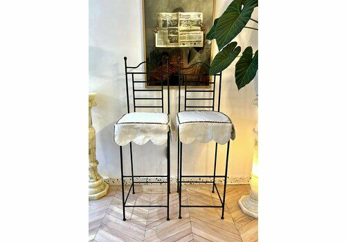 Pair Of Cast Iron Tall Stools With Scalloped Cushions