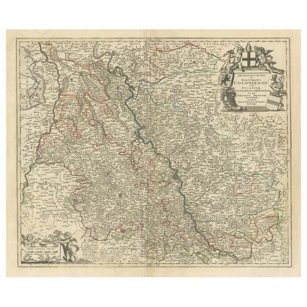 Antique Map Of The Rhine Centered On Cologne, Germany, With Outline Coloring
