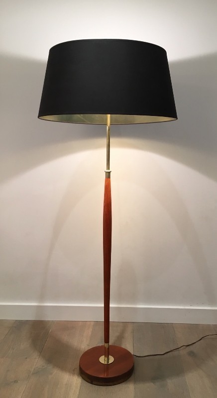 Wood And Brass Floor Lamp French Circa 1970