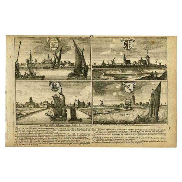 Antique Print Of Sloten, Ijlst, Workum And Hindeloopen In The Netherlands, 1680
