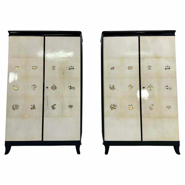 Pair Of Italian Art Deco Parchment, Black And Gold Leaf Zodiac Armoires
