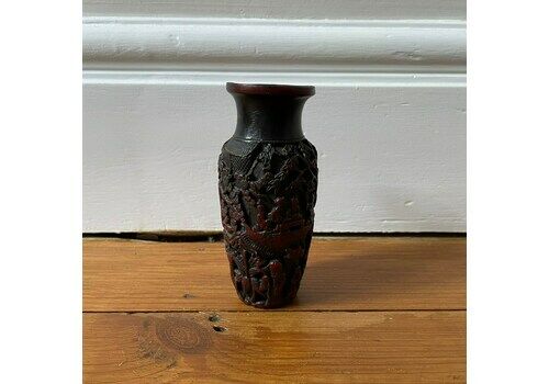 Japanese Oriental Ceramic Small Vase Pot Brown Antiqueornate Pattern Carved Asian Detailed Patterned 3d Textured Scenic Figures Floral