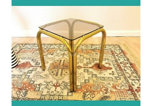 Mid Century Coffee Table / Vintage Brass Look End Table With Smoked Glass / Golden Vintage Small Table / Rectangular / Italian Design