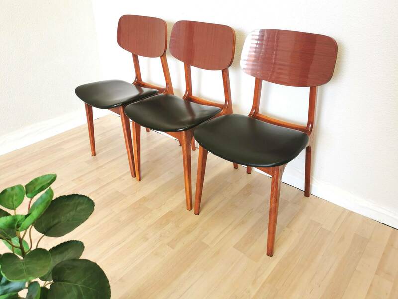 Of Vintage Wooden Dining Chairs With Black Leather Seat Stol