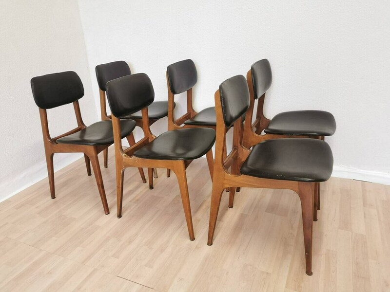 Of Vintage Wooden Dining Chairs With Black Leather Seat Stol
