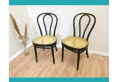 Set Of 2 Thonet Bentwood Style Chairs / Original Stol Kamnik / / Vintage / Dining Chair / Black Wood /Wicker Seat