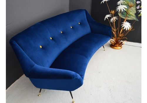 On Hold For M: Italian Mid Century Modern Curved Sofa Reupholstered In Blue Velvet, 1950s
