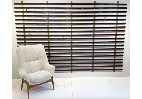 Mid Century Slatted Coat Rack By Jules Wabbes, Brass Hooks, Belgium, 1950s