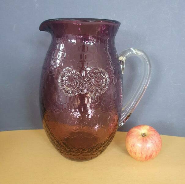 A Magnificent Vintage Murano 25cm Tall, 2.5l Amethyst Glass Xl Pitcher, Honeycomb Texture With Applied Owl Eyes Motif, 1970s